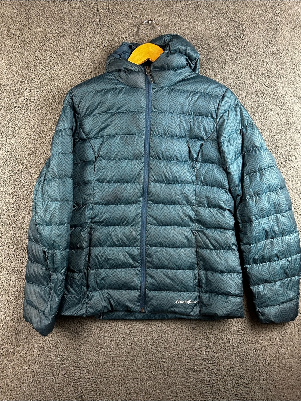 Eddie Bauer EB650 Downlight Hooded Puffer Jacket Teal Herringbone Womens TL Tall